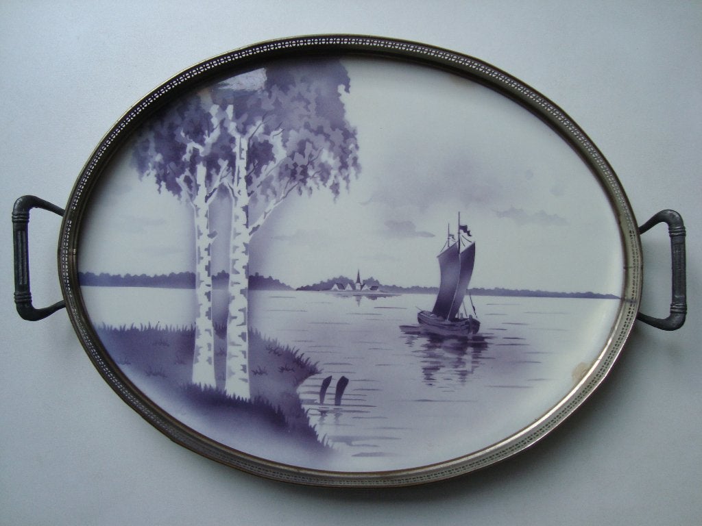 Oud groot dienblad keramiek blad waterlandschap violet-blauw, Ophalen