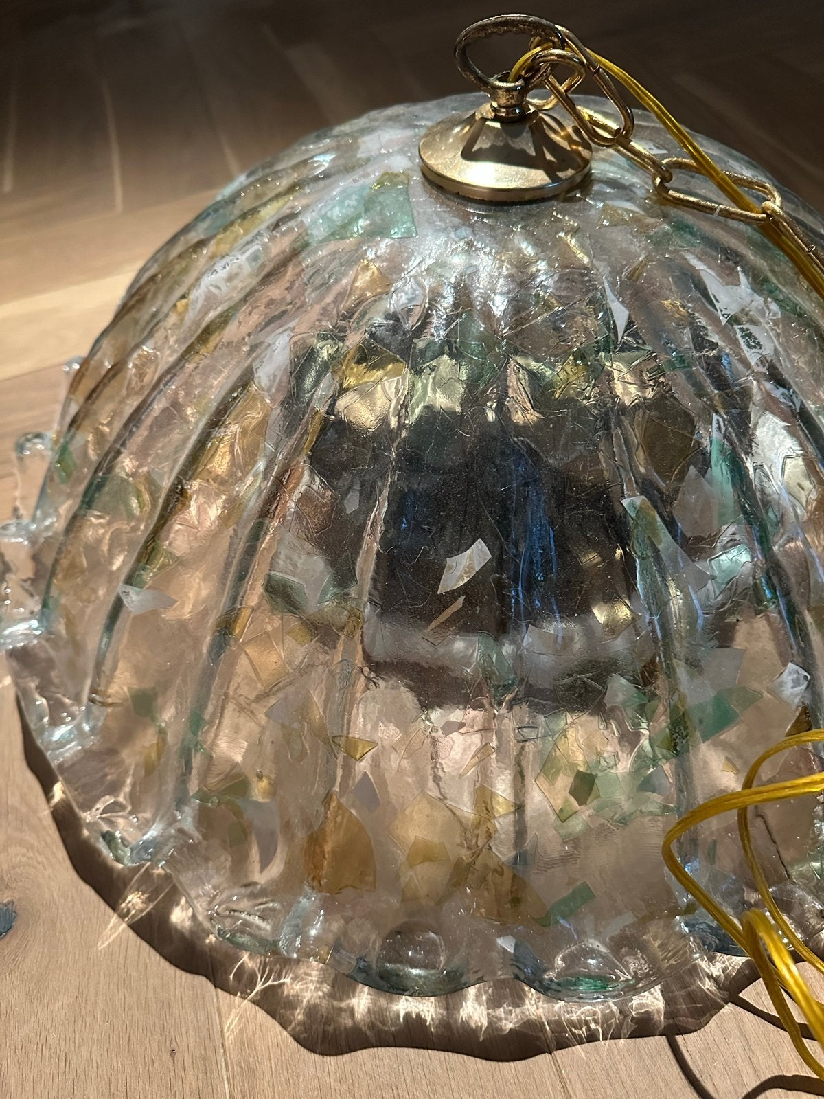 Vintage Murano glazen plafondlamp met bladgoud, Ophalen of Verzenden, Gebruikt, Glas, E27 (groot)
