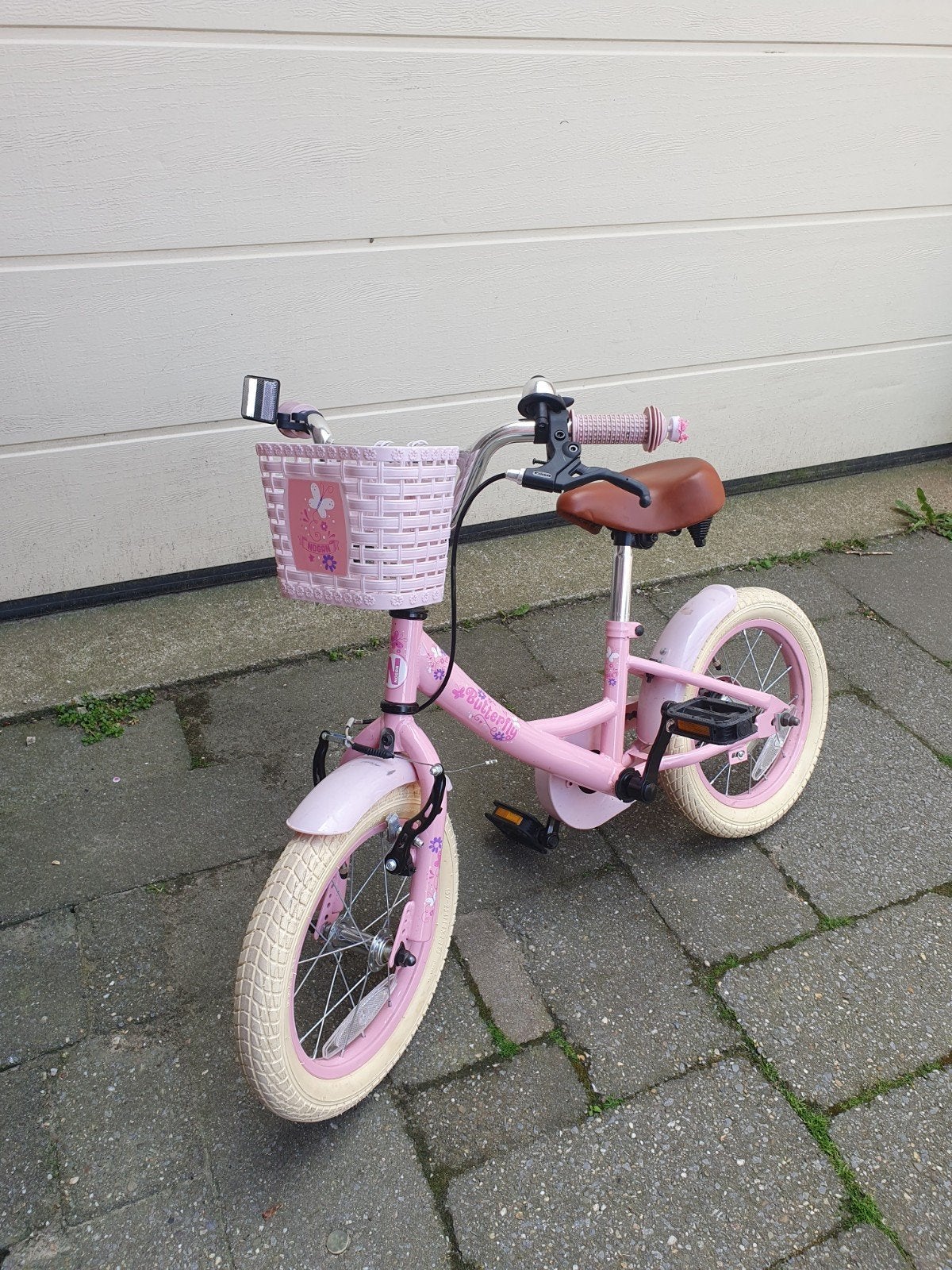 Nogan Butterfly Kinderfiets Meisje 14 inch - Roze met Mandje, Ophalen, Gebruikt, Velgrem, Minder dan 16 inch