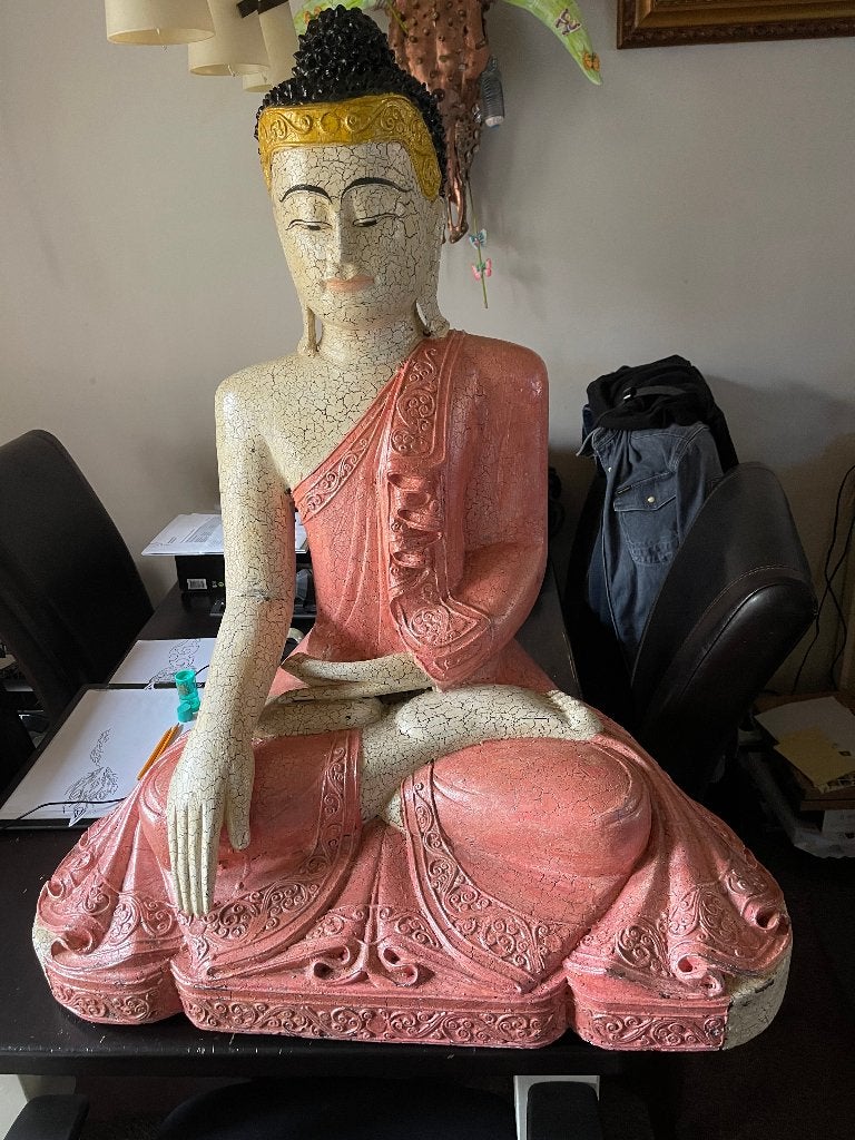 Buddha zeer groot beelt van hout en zwaar., Ophalen of Verzenden, Zo goed als nieuw, Hout, 110 cm