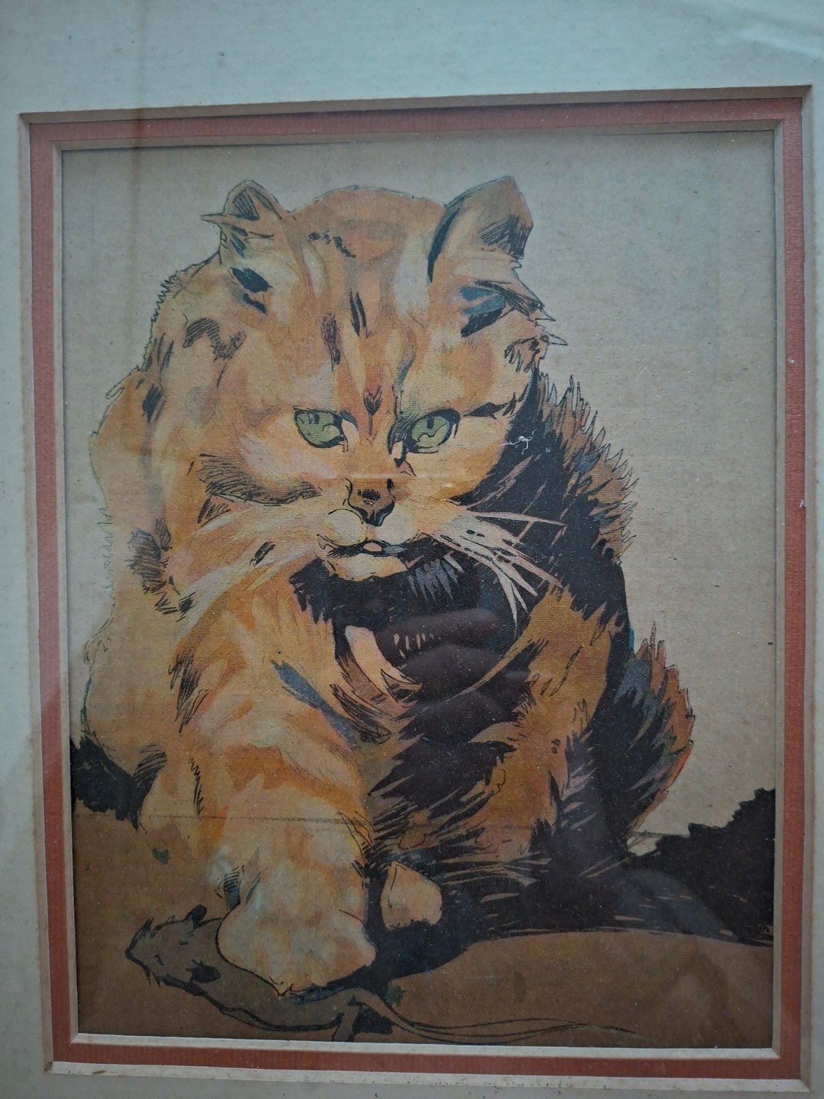 Vintage Kat met Muis Illustratie - Nos Loisir 1911, Antiek en Kunst, Ophalen of Verzenden, Print/reproductie, Ingelijst