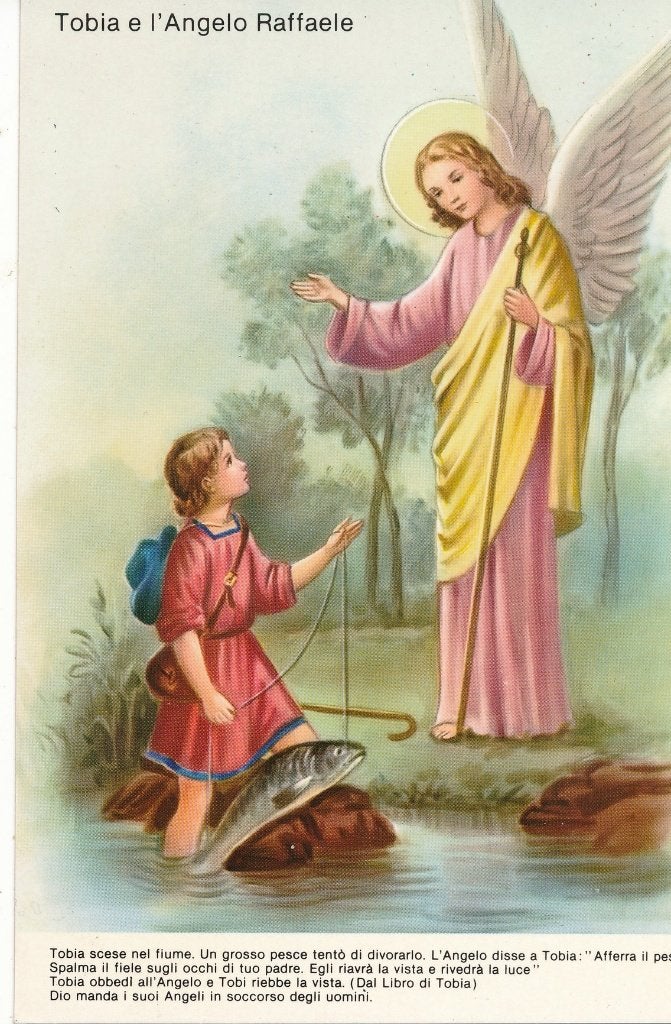 2 Mooie devotiekaarten van H. Raphaël en Tobias, Ophalen of Verzenden, Zo goed als nieuw, Kaart of Prent, Christendom | Katholiek