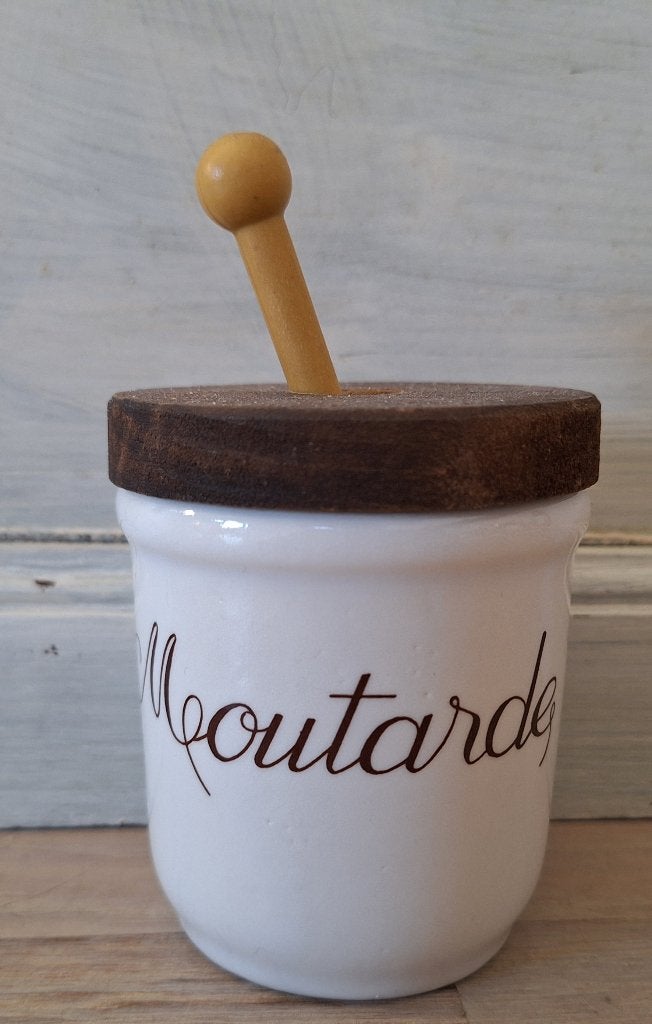 Vintage Mosterdpotje met Houten Deksel en Lepel, Ophalen of Verzenden