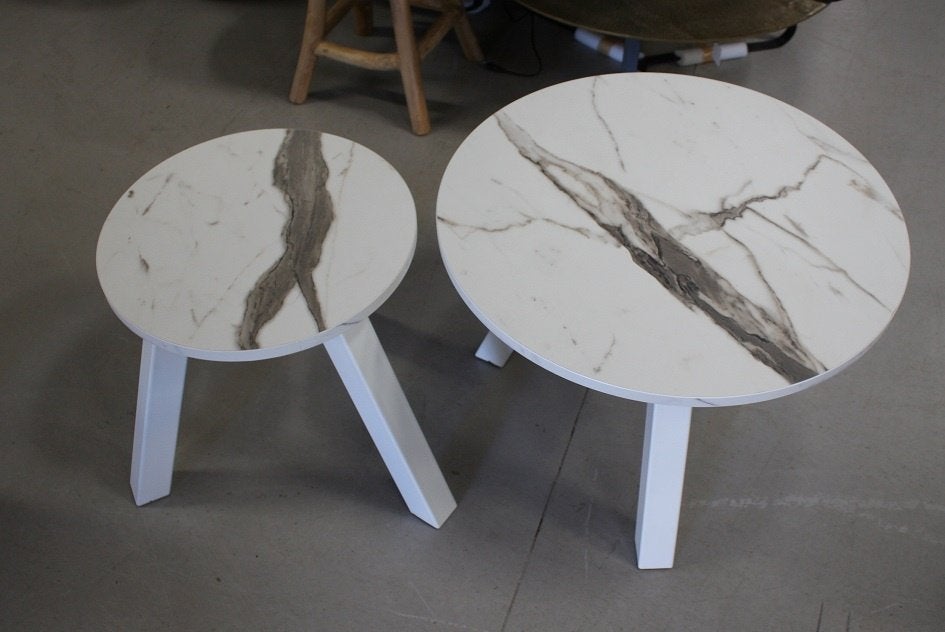 2x ronde salontafel bijzettafel metaal melamine marmer wit, Ophalen, Zo goed als nieuw, Wit