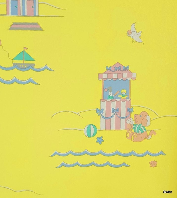 12824 Strandberen behang op geel voor kinderkamer swiet, Ophalen of Verzenden, Beige