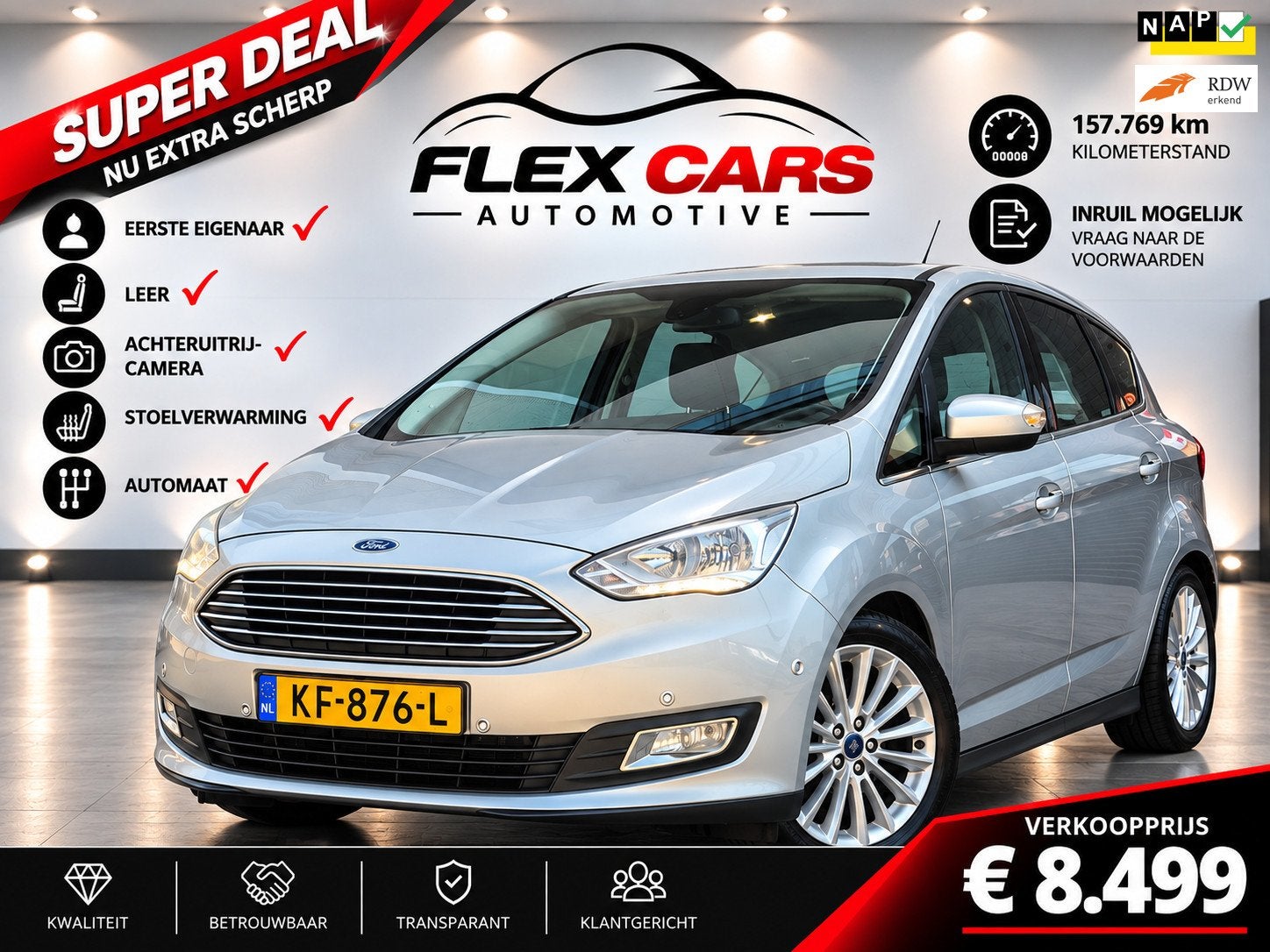 Ford C-Max 1.5 Titanium|Achteruitrijcamera|Leer|Stoelverwarm, Dealer onderhouden, 15 km/l, 4 cilinders, 150 pk