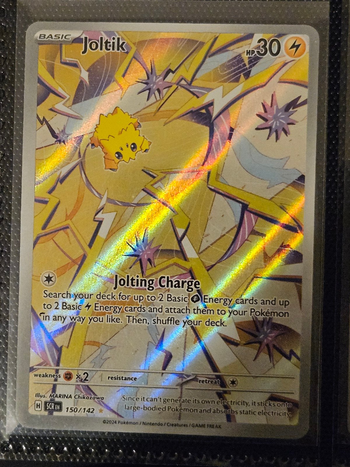 Pokemon Joltik 150/142 Stellar Crown, Ophalen of Verzenden, Zo goed als nieuw, Losse kaart, Foil