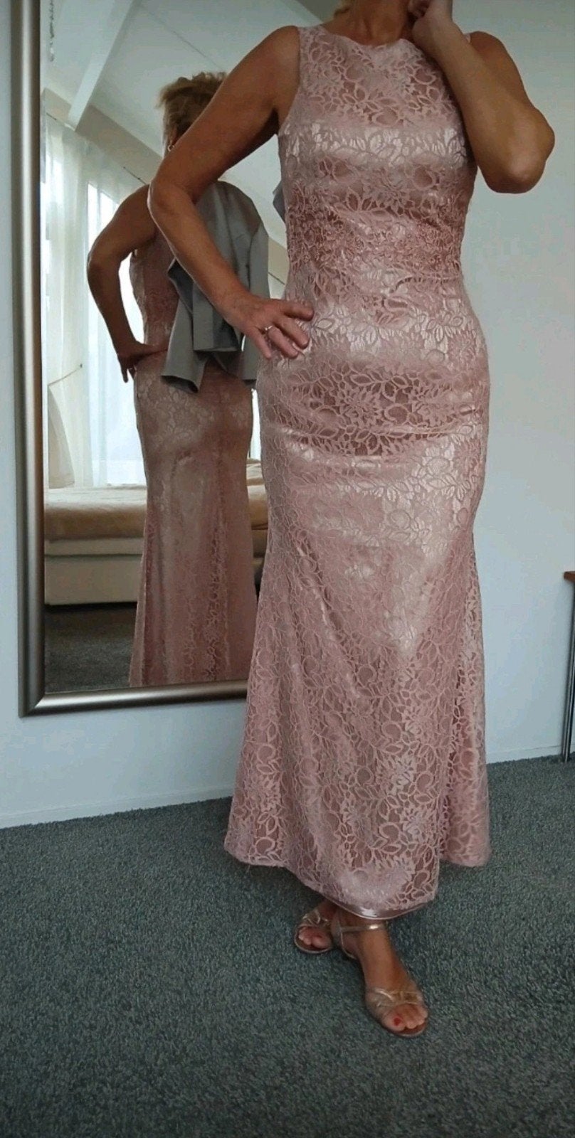 Elegante Roze Kanten lange Jurk  - Maat 40, Kleding | Dames, Jurken, Zo goed als nieuw, Maat 38/40 (M), Roze, Onder de knie, Ophalen of Verzenden
