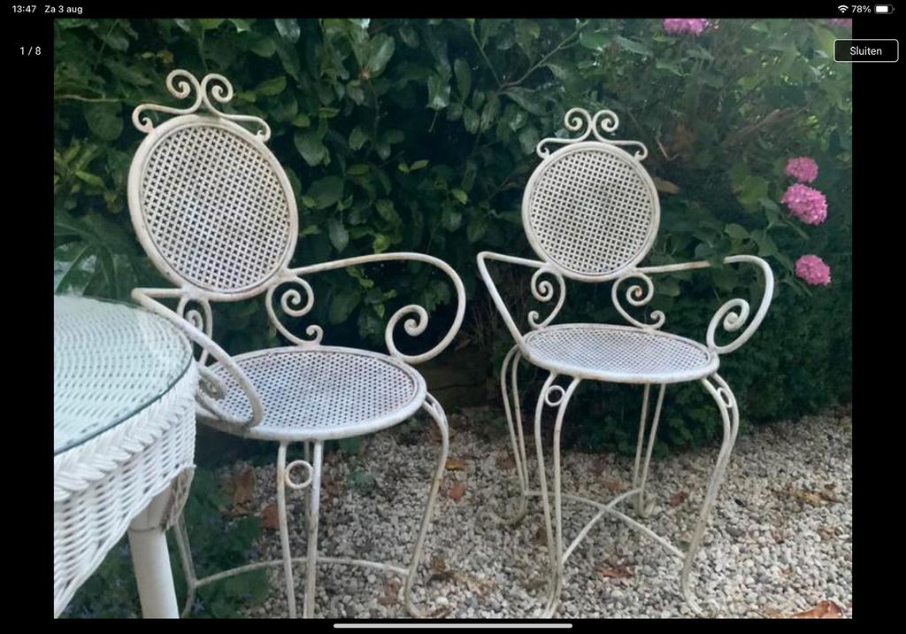 2 franse antieke tuinstoelen zeer zwaar, Ophalen, Gebruikt, Metaal