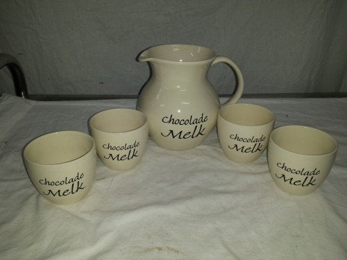 Set Chocolademelk kan met vier mokken, Ter Steege Rijssen, Ophalen of Verzenden, 'T Olde Gre-j, Info@toldegrej.nl, Endepoelstraat 20f Didam