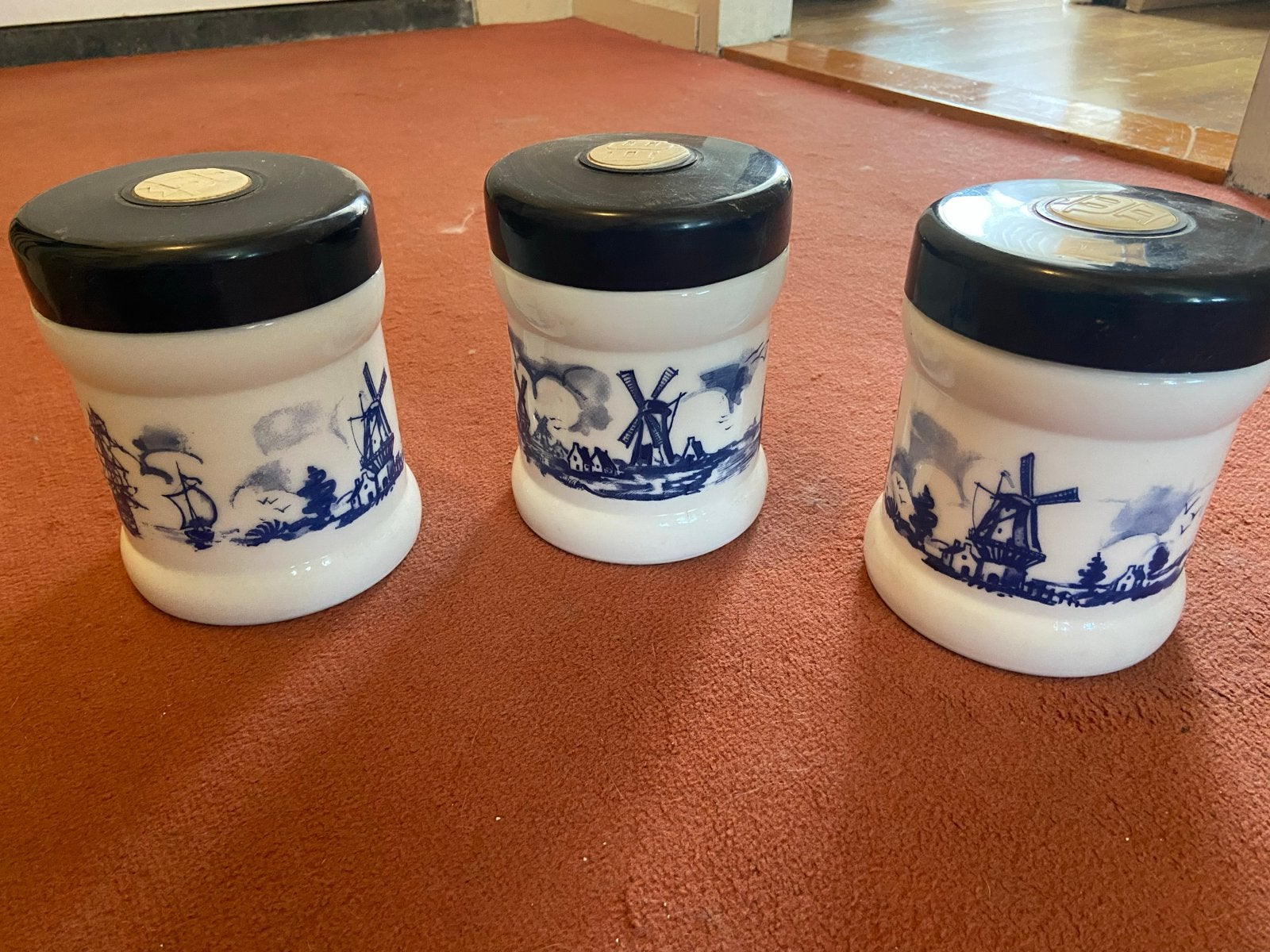 Set van 3 Delfts Blauwe Potjes met Molens en Schepen, Ophalen