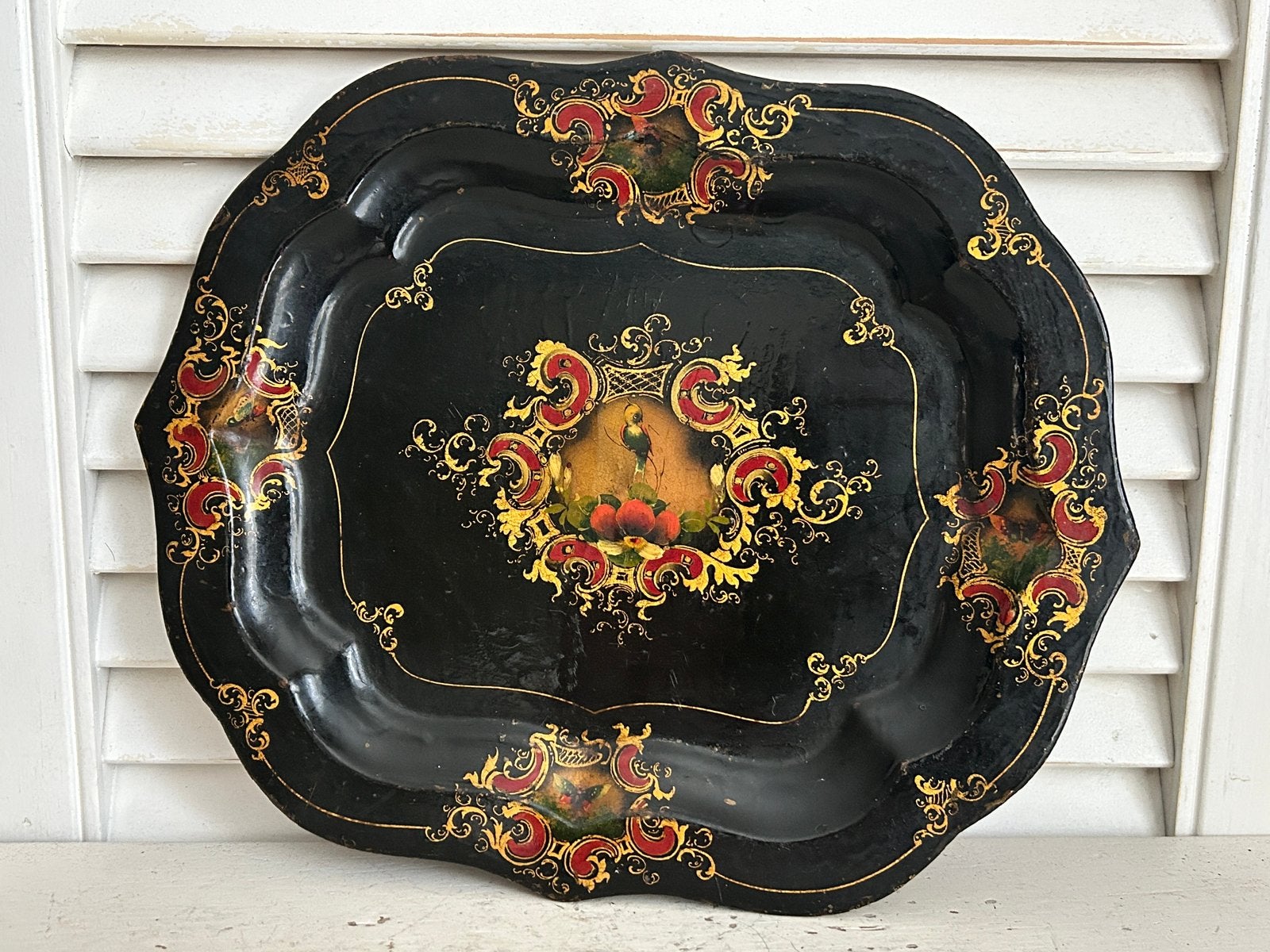 Antiek Frans toleware metalen dienblad bloemen vogel 25 cm, Antiek en Kunst, Ophalen