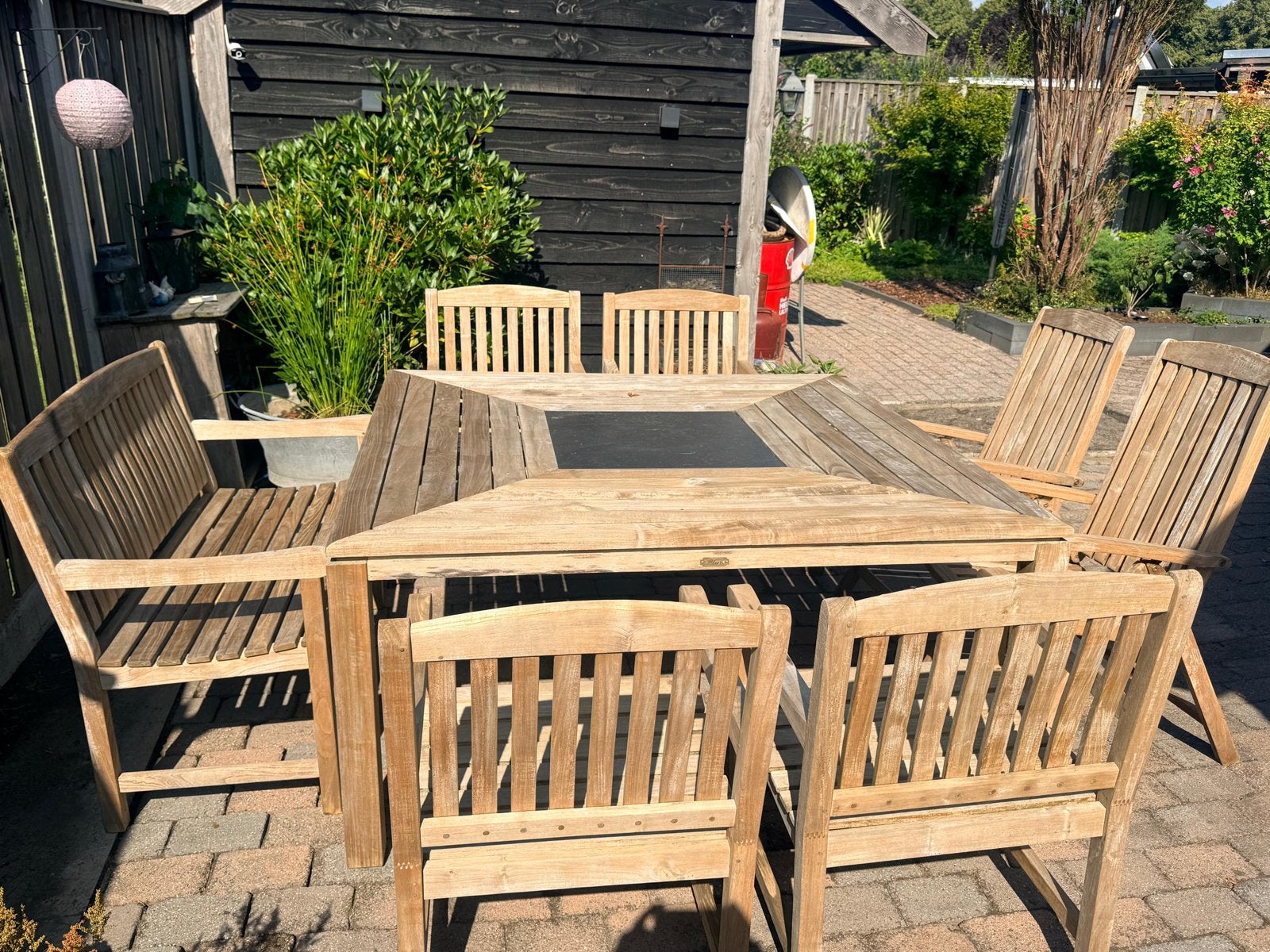 Teakhouten tuinset met vierkante tafel en 8 zitplaatsen, Tuin en Terras, Ophalen, Gebruikt, Eettafel, Teakhout