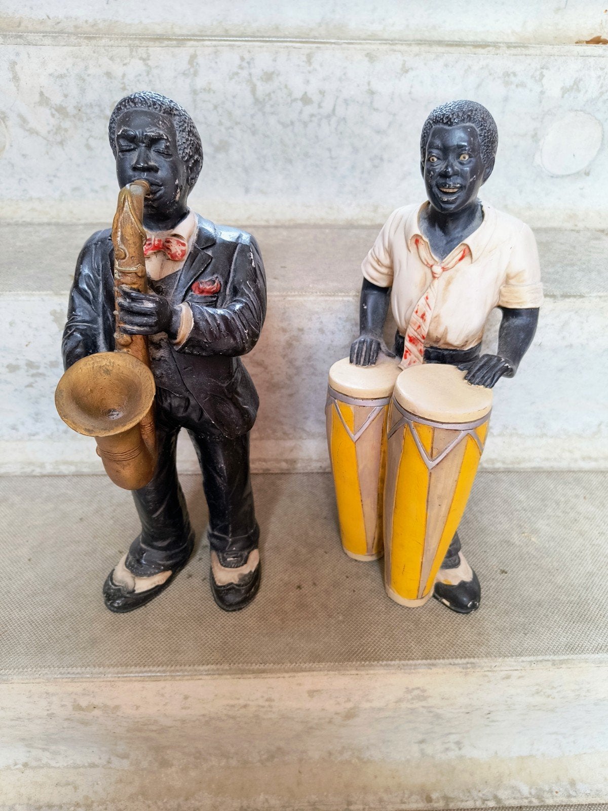 Vintage Beeldjes Jazz Muzikanten Saxofoon en Drums, Ophalen, Gebruikt, Mens
