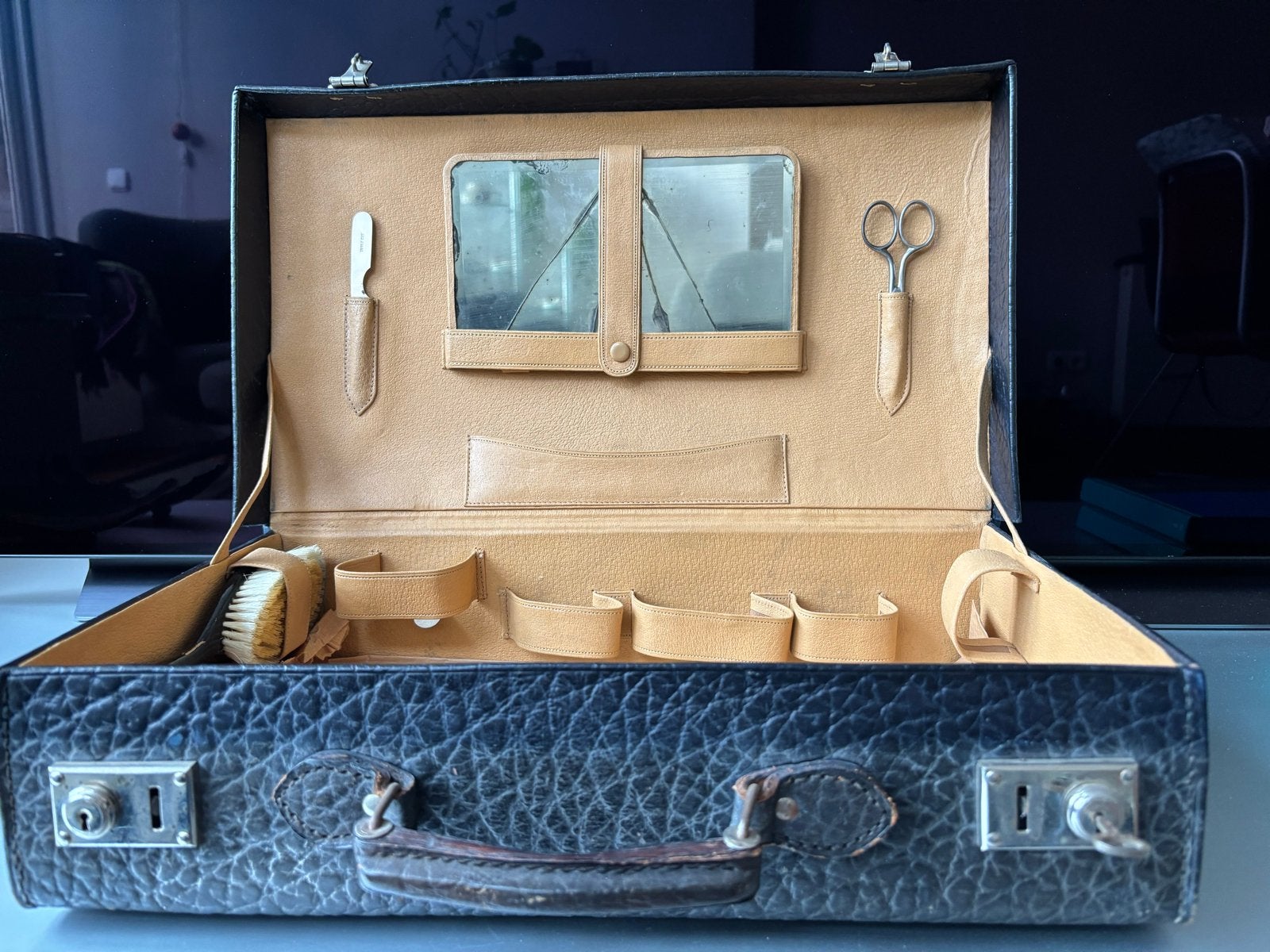 Vintage Leren Toiletkoffer - Zwart met Beige Interieur, Ophalen of Verzenden, Gebruikt, Zwart, Heer of Dame