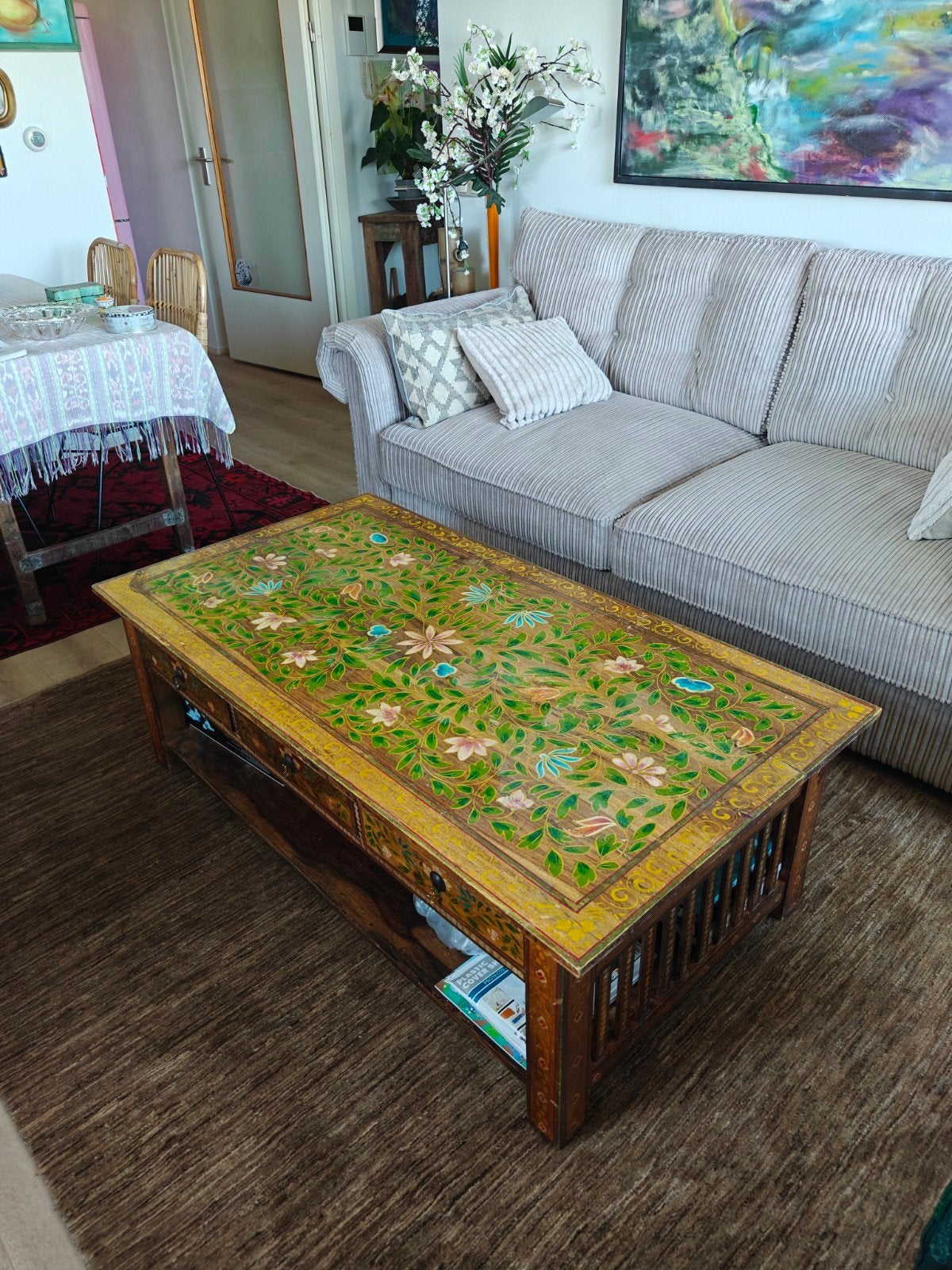 Unieke handgeschilderde salontafel met 6 lades, Huis en Inrichting, Tafels | Salontafels, Gebruikt, 100 tot 150 cm, 50 tot 100 cm