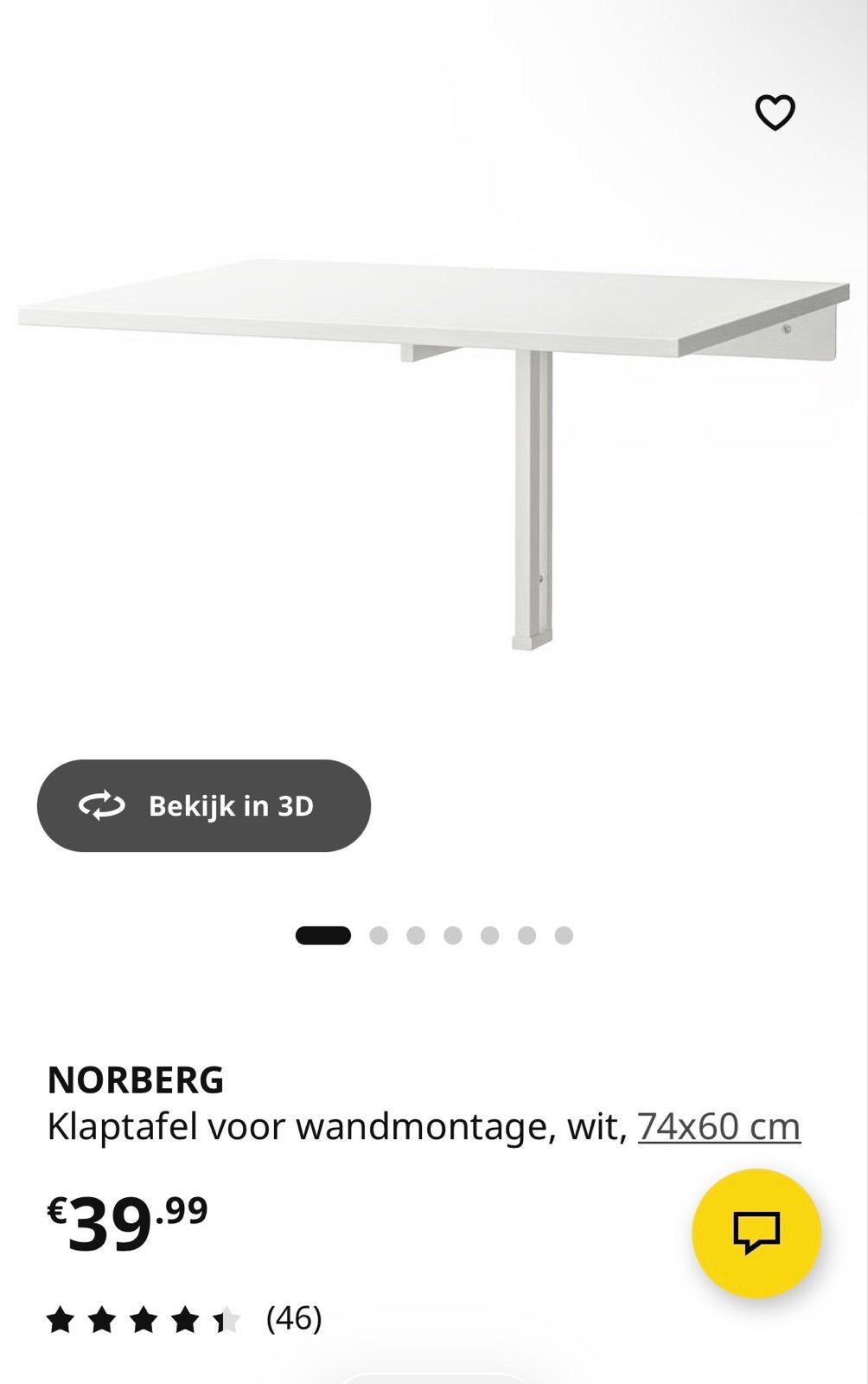 IKEA NORBERG Klaptafel voor wandmontage, wit, 74x60 cm, Ophalen, Overige materialen, 50 tot 100 cm, Rechthoekig