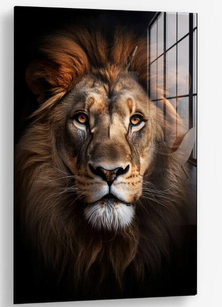 Glasschilderij The Lion 80x120 - Gehard glas, Ophangklaar, Glas, Ophalen of Verzenden, Dieren
