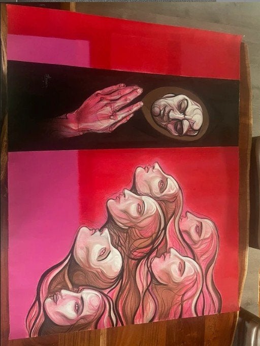 Uniek schilderij 'Sueño y poesía' van Frias, olieverf/acryl, Antiek en Kunst, Ophalen, Figuren, Echtheidscertificaat, Olieverf