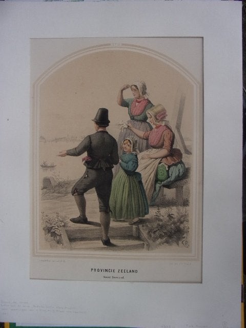 Klederdrachtprent Bing & Braet XVII Zeeland Noord Beveland, Origineel, Dagelijks leven, Ophalen of Verzenden, 34 cm