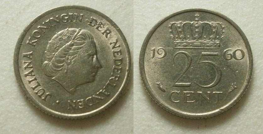 PD02590 Juliana 25 cent 1960, Ophalen of Verzenden, Koningin Juliana, 25 cent, Losse munt