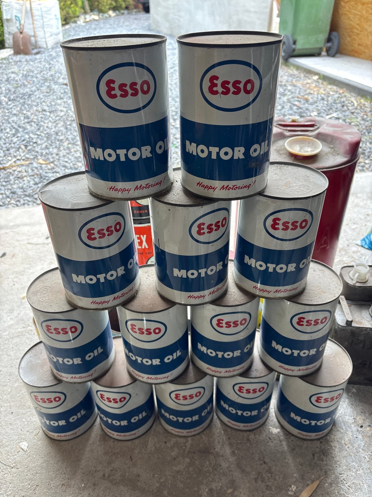 Vintage Esso motorolie blikken en ESLA jerrycan, Ophalen of Verzenden, Gebruikt