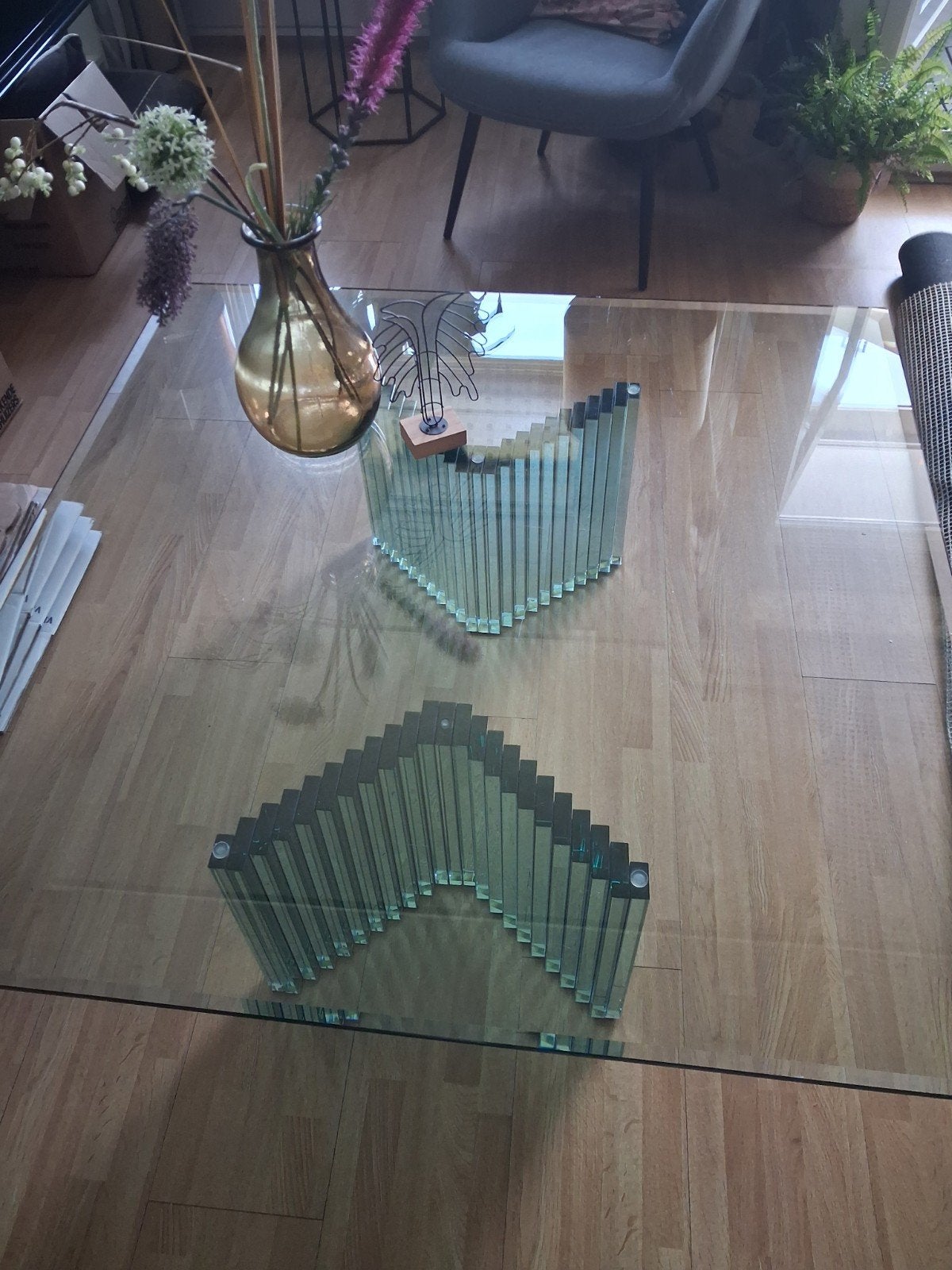 Glazen Salontafel, vintage, design. 1.20x1.20x 0.37., Huis en Inrichting, Tafels | Salontafels, Ophalen, Gebruikt, Vierkant, Glas