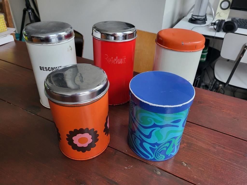 3 mooie vintage retro beschuitblikken bruynzeel, Ophalen of Verzenden