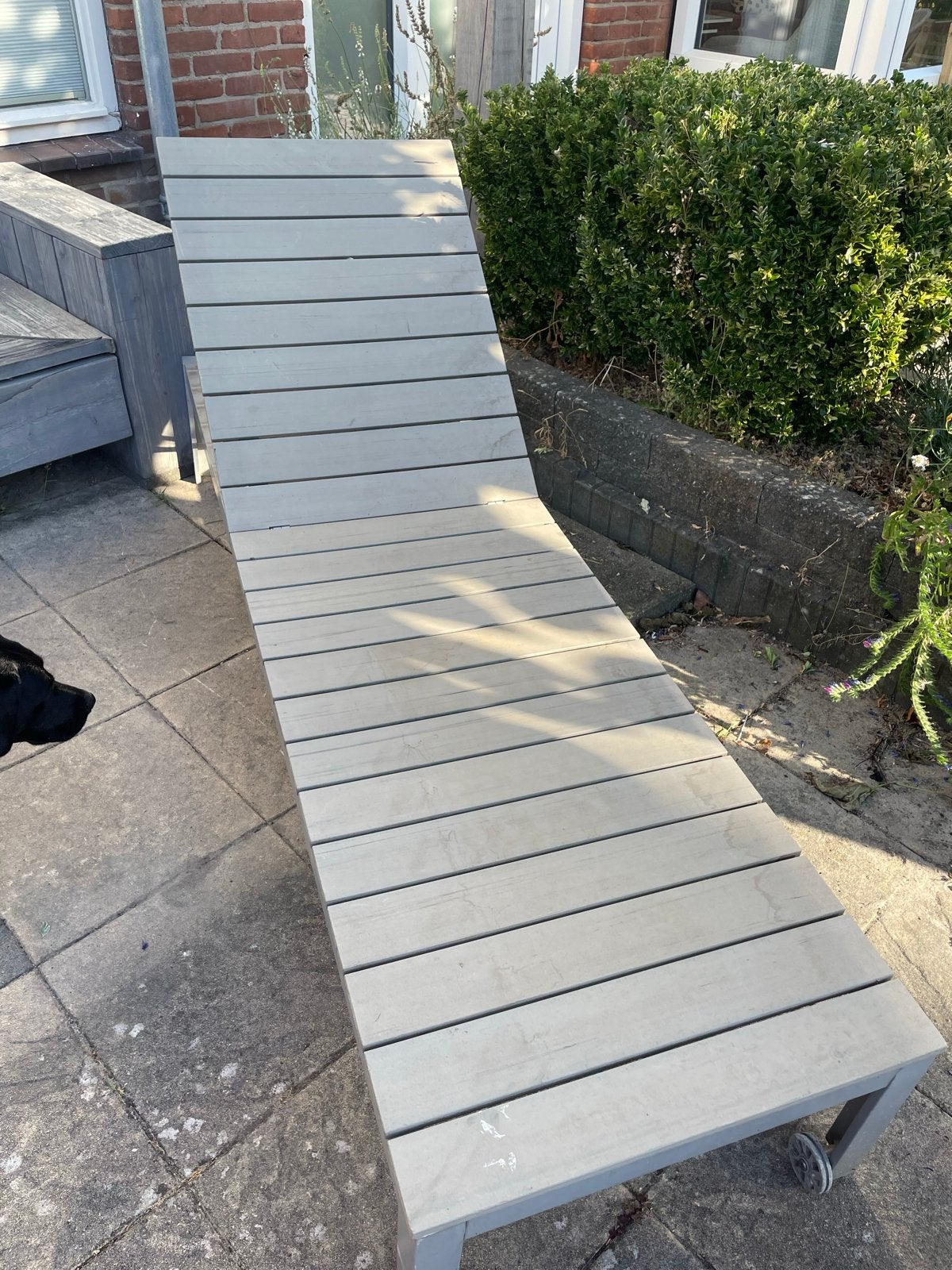 Verstelbare ligstoel met wielen - Grijs hout, Tuin en Terras, Ophalen, Gebruikt, Hout, Verstelbaar