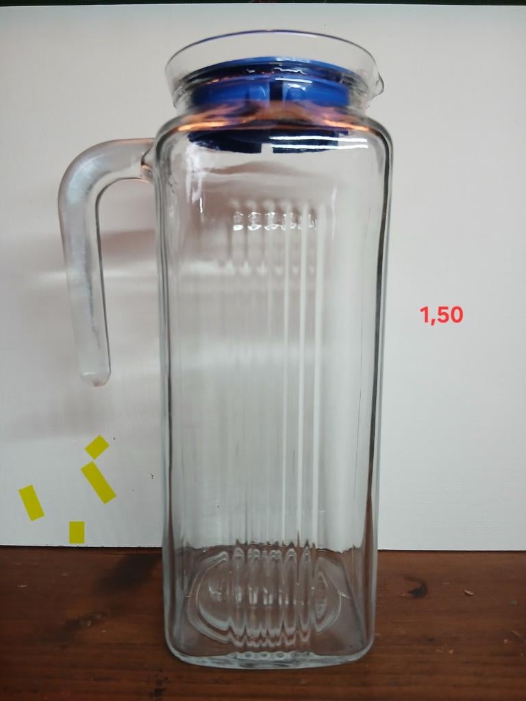 Vintage Pasabahce Glazen Kan met Blauw Deksel, Ophalen of Verzenden, Zo goed als nieuw