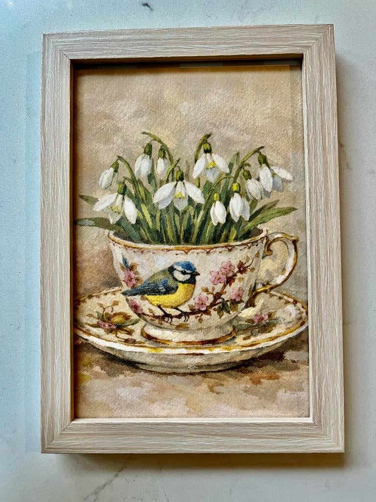 Ingelijste afbeelding Sneeuwklokjes & Koolmees, Antiek en Kunst, Ophalen of Verzenden