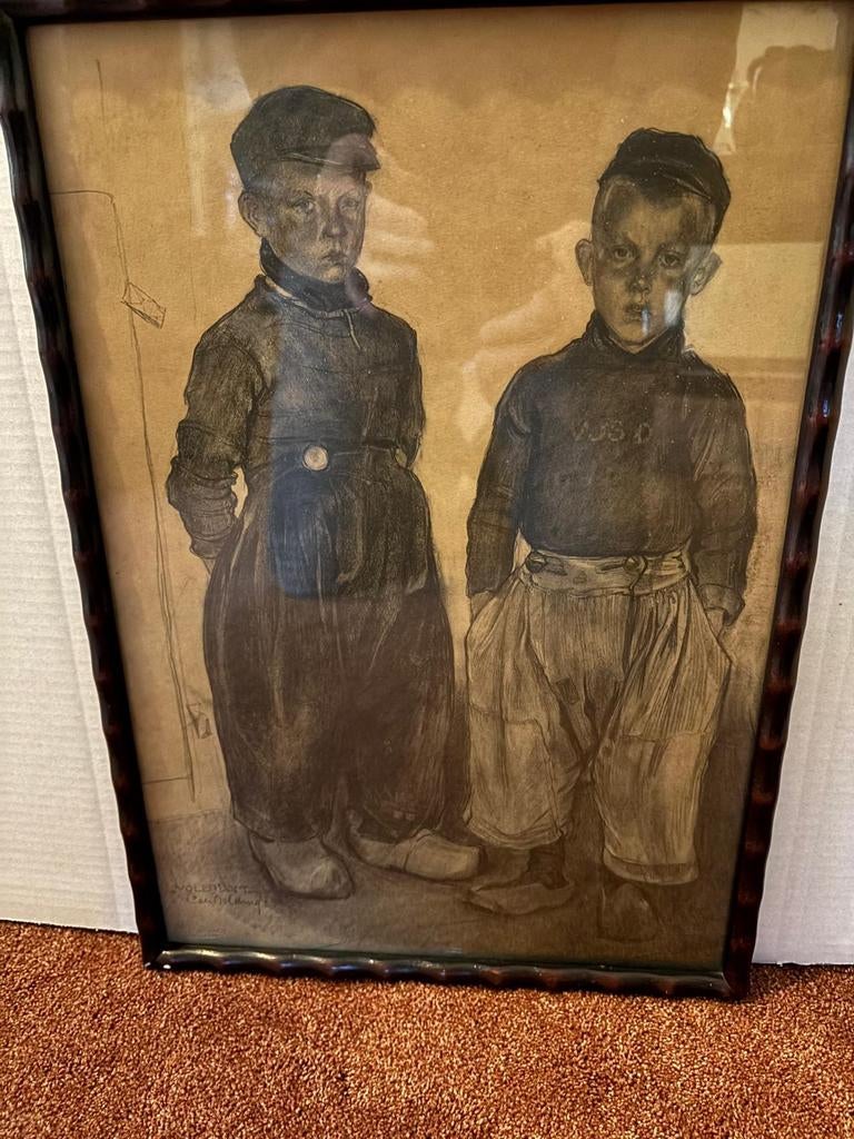 Cees Bolding lithografie van 2 Volendamse jongens in kostuum, Ophalen