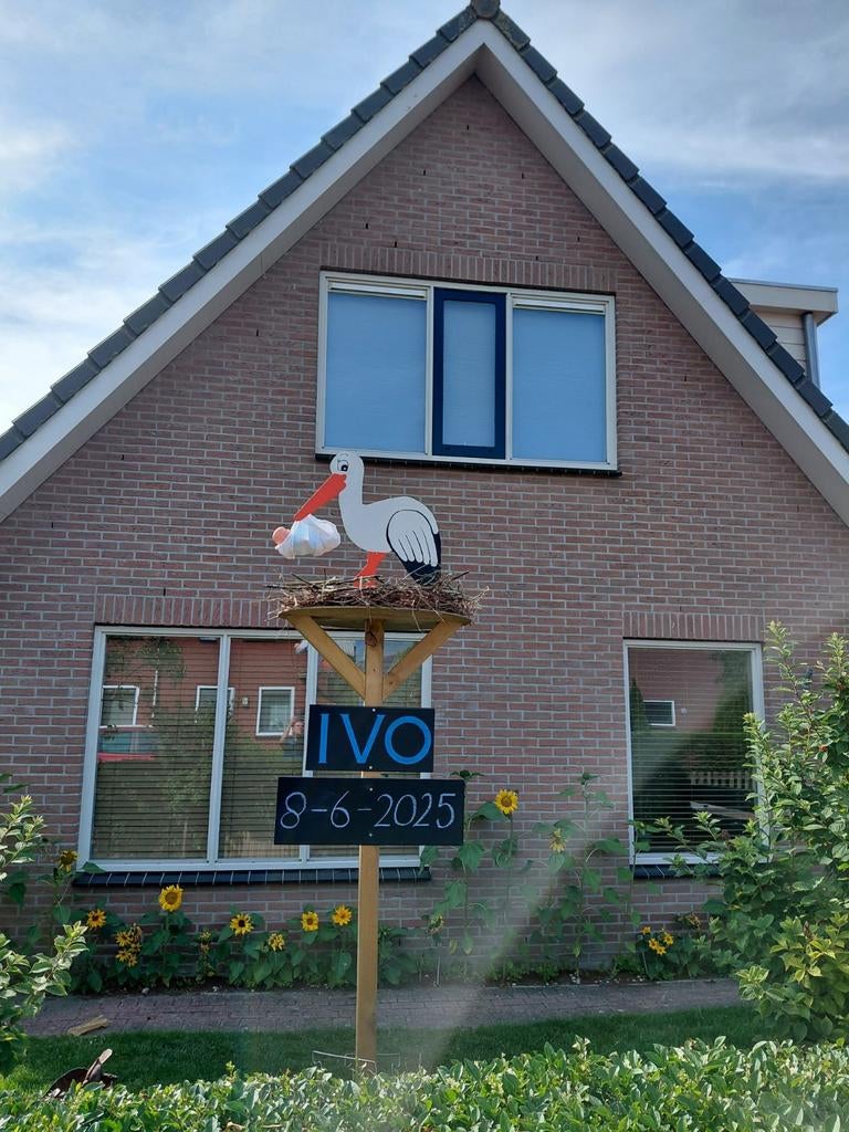 Geboortebord ooievaar op nest, voor en na de geboorte, Ophalen of Verzenden