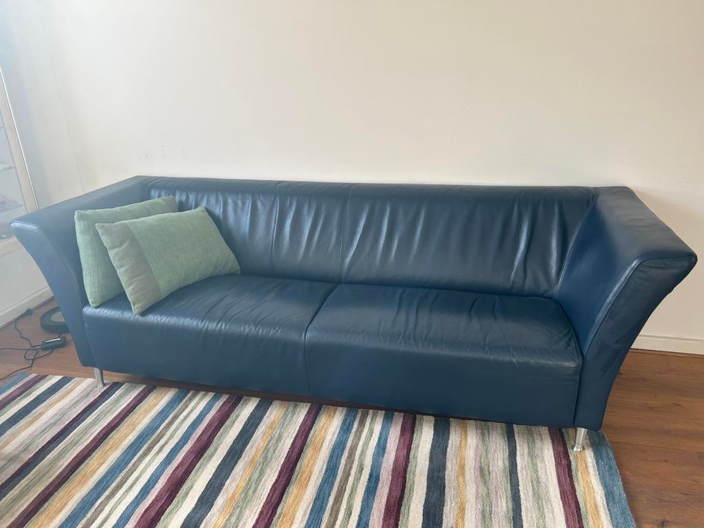 Montel leren bank blauw, Ophalen, Gebruikt, 75 tot 100 cm, 200 tot 250 cm