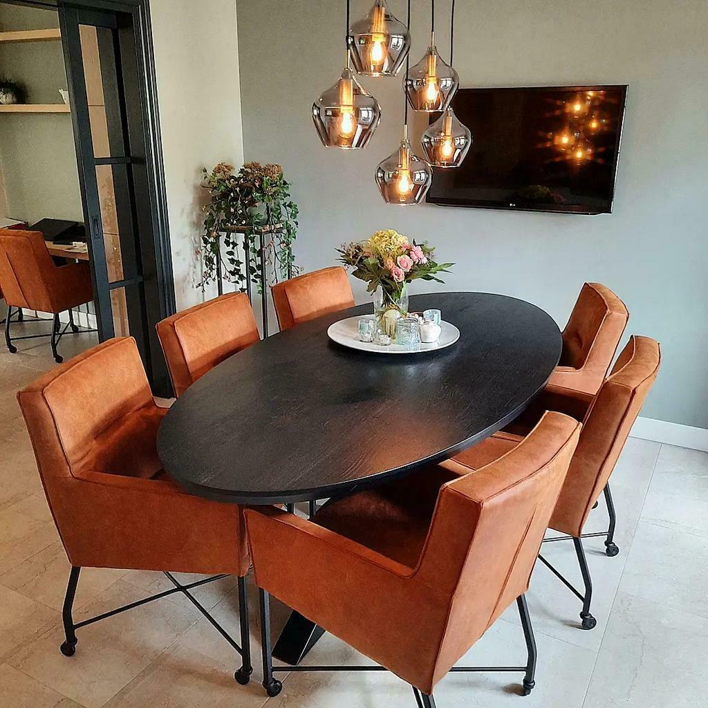 Zwarte moderne ovale massief eiken tafel eethoek, Ophalen of Verzenden, Nieuw, Ovaal, Eiken