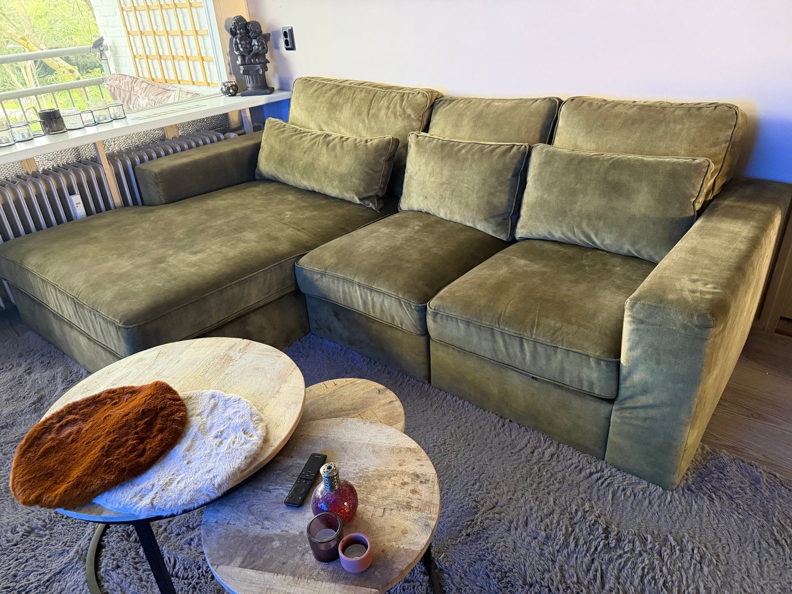 Comfortabele hoekbank met chaise lounge - Olijfgroen, Huis en Inrichting, Ophalen, 250 tot 300 cm, Gebruikt, Hoekbank
