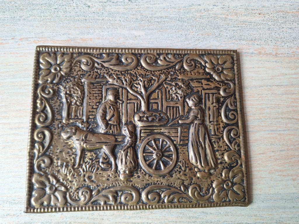 Antieke Koperen Plaquette met Dorpsscène, Ophalen, Koper