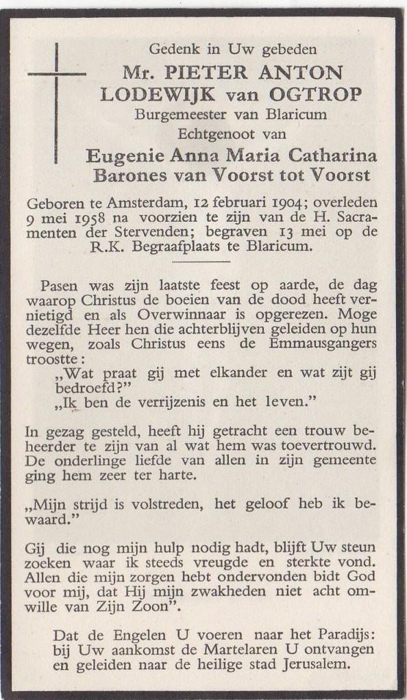Mr. Pieter A.L. van Ogtrop 1904 Amsterdam + 1958 Blaricum, Verzenden