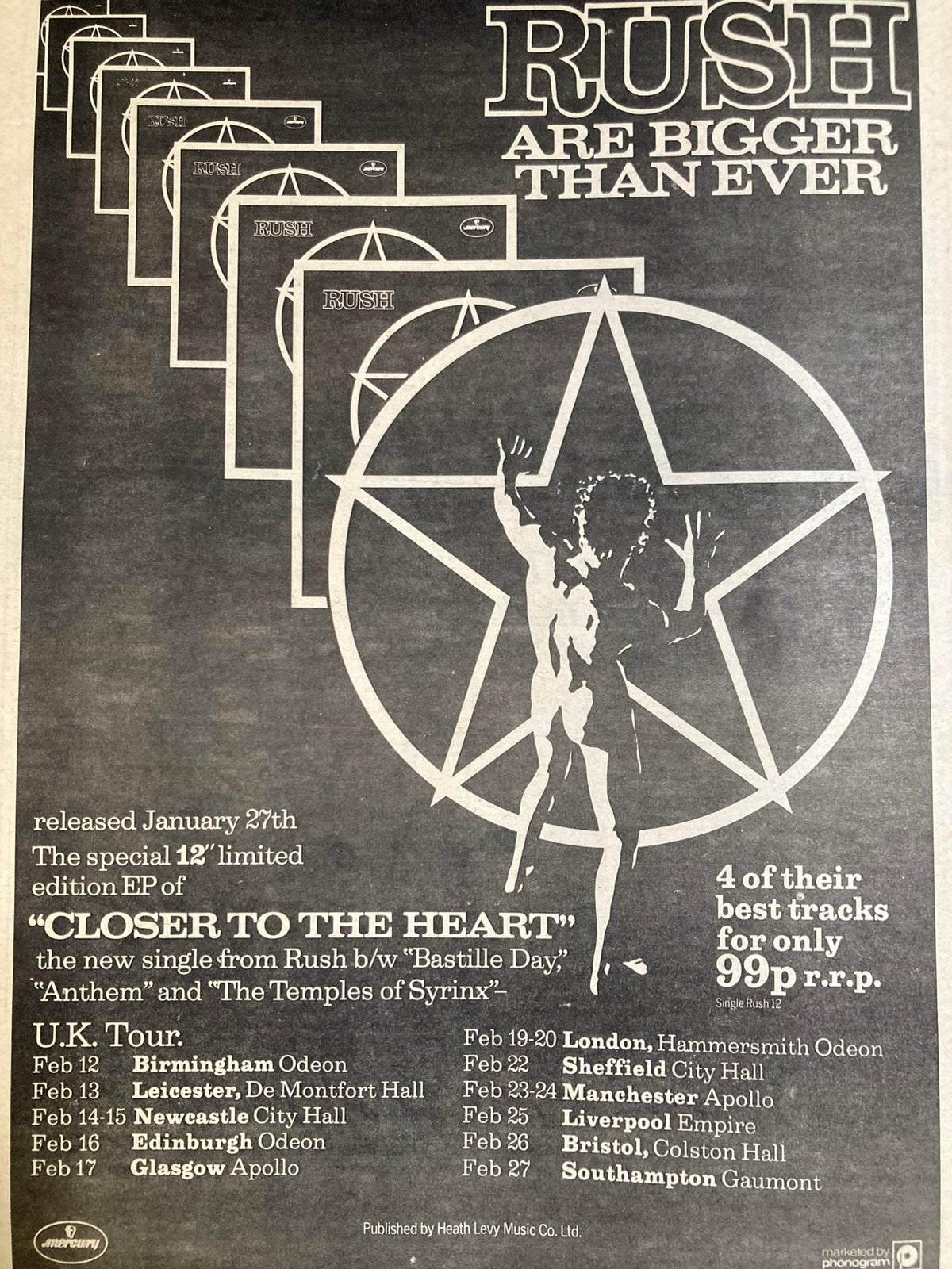 Paginagrote A3 advertentie RUSH Closer To The Heart tour, Ophalen of Verzenden, Zo goed als nieuw