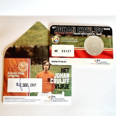 Eerste dag uitgifte coincard 2017 Johan Cruijff Vijfje - EDU, Ophalen of Verzenden, Koningin Beatrix, Euro's