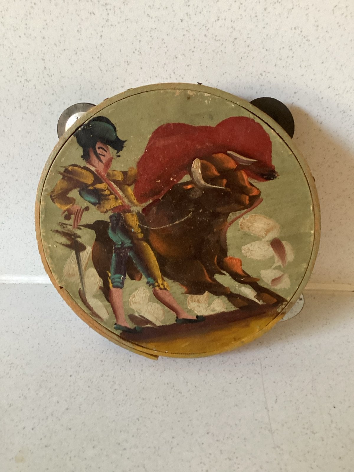 Vintage Tamboerijn met Matador en Stier Schilderij, Ophalen of Verzenden, Gebruikt, Trommel
