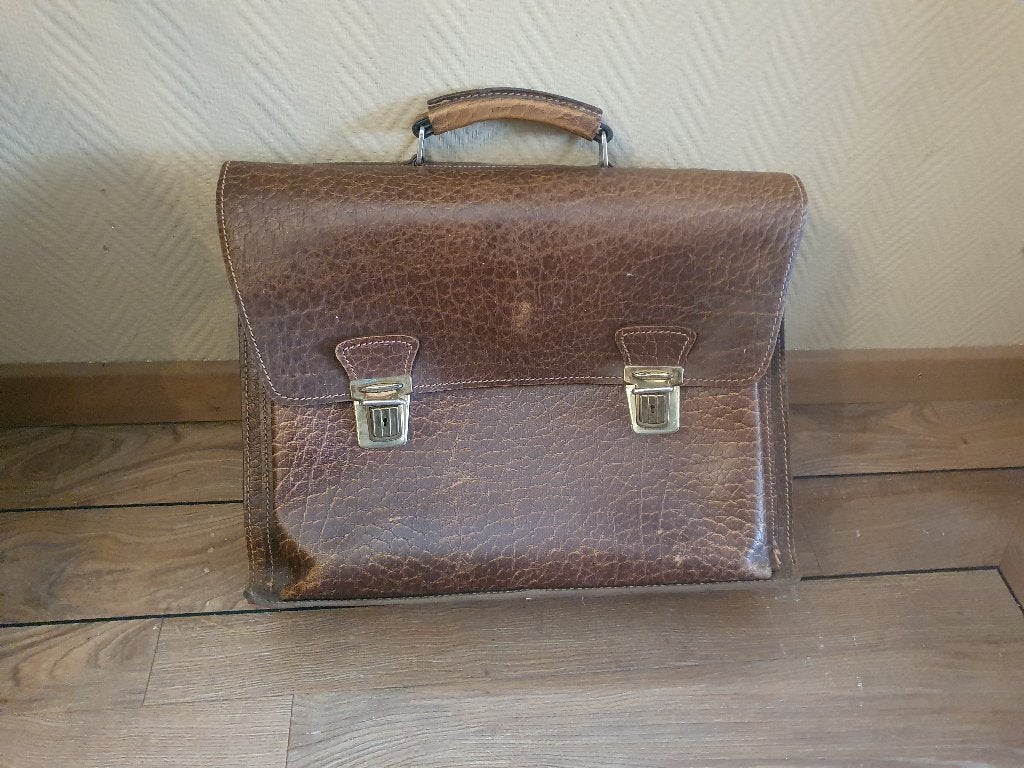 vintage Franse bruine lederen aktetas met messing sluitingen, Ophalen of Verzenden