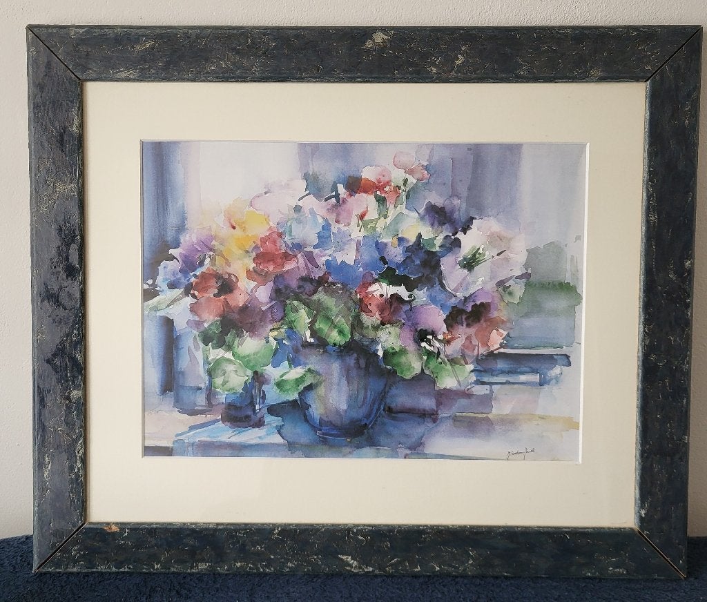 aquarel schilderij/prent bloemen gekleurd achter glas, Ophalen, Gebruikt, Minder dan 50 cm, Overige typen