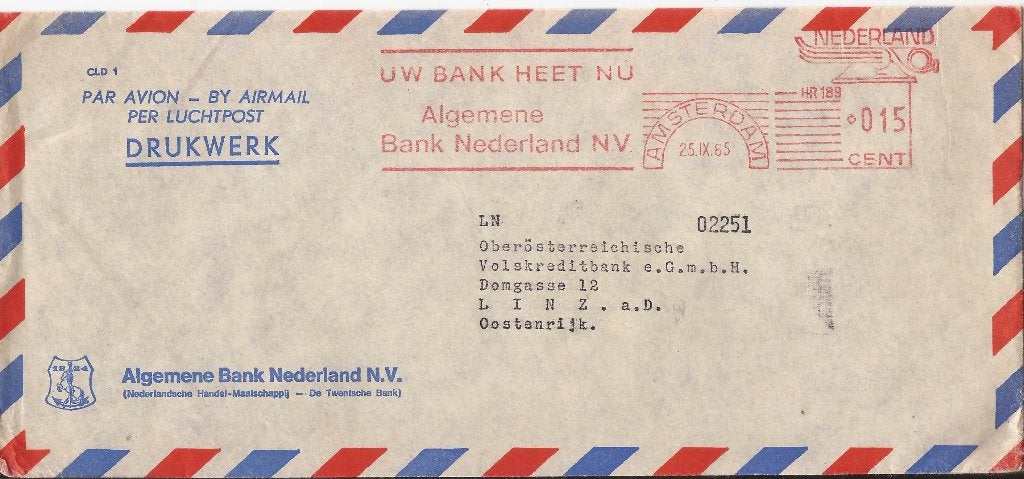 AMSTERDAM 1965 Luchtpostenvelop ALGEMENE BANK NEDERLAND, Verzamelen, Verzenden, 1960 tot 1980, Gelopen, Noord-Holland