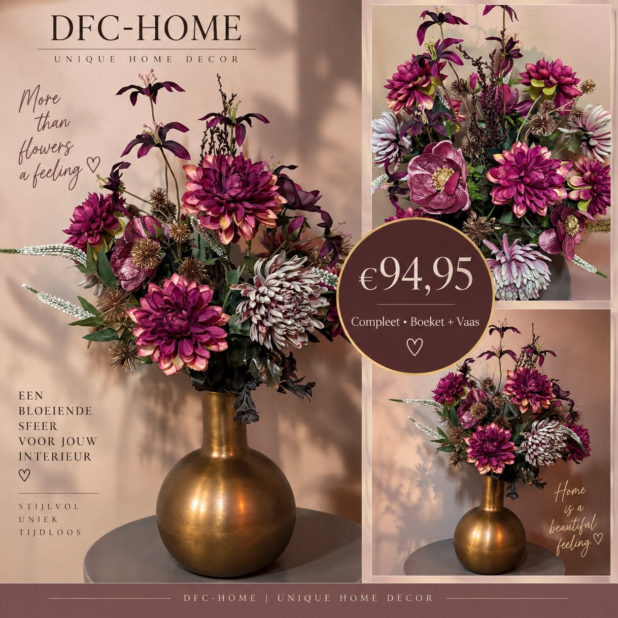 Compleet zijden bloemen boeket incl. Dutch bone vaas, Binnen, 70 cm, Www.discountfashioncorner.nl, Ophalen of Verzenden