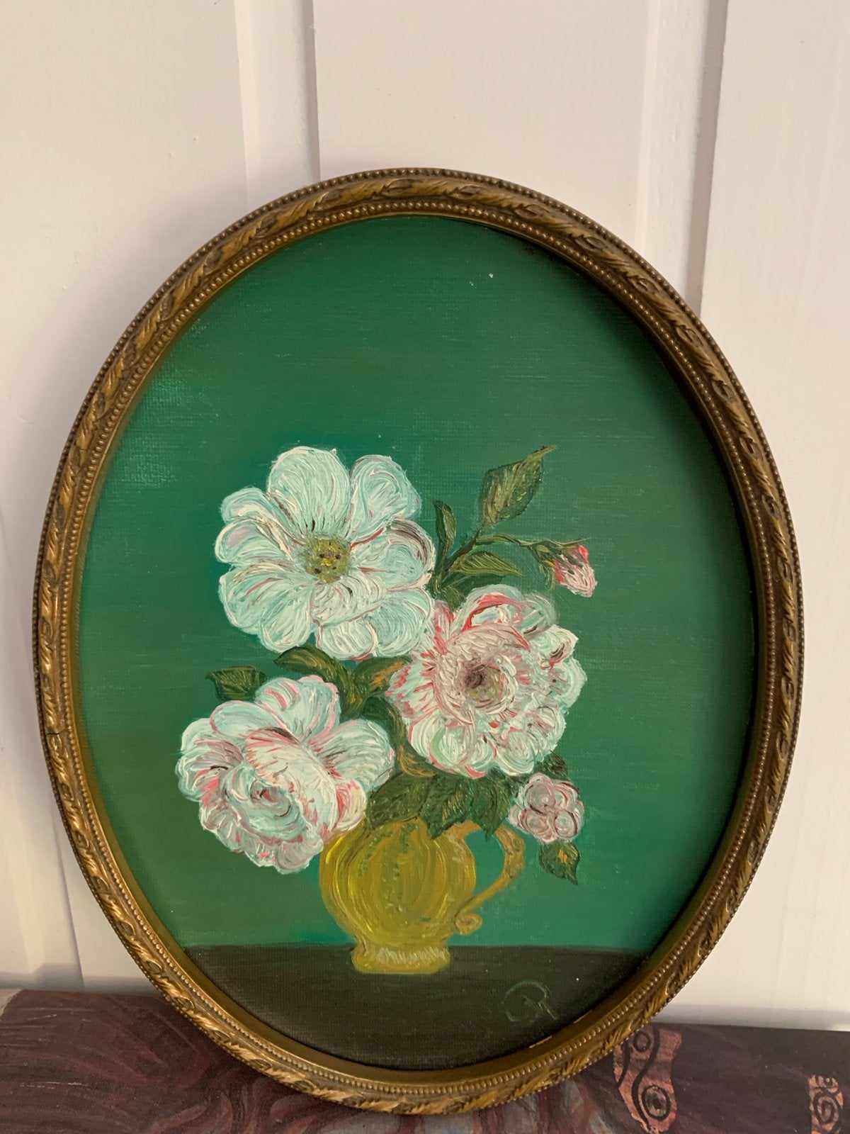 Ovaal bloemenschilderij in lijst, olieverf op doek, Antiek en Kunst, Bloemen, Doek, Ophalen of Verzenden, Handgeschilderd