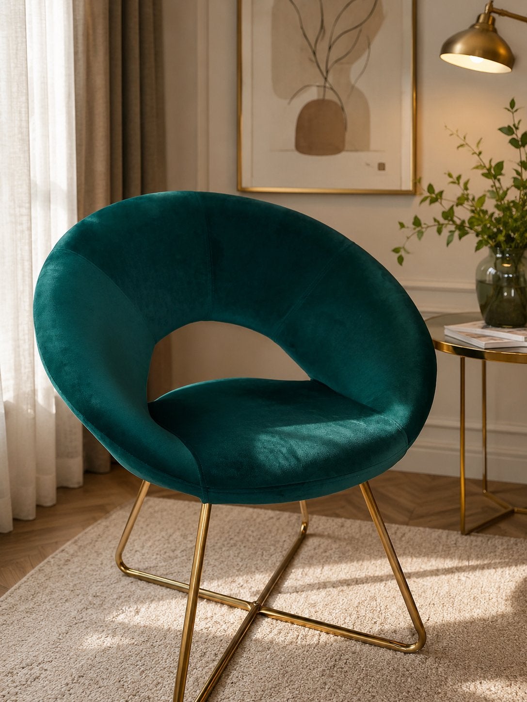 Groene fluwelen stoel met gouden onderstel, Ophalen, Overige kleuren, Zo goed als nieuw, Metaal