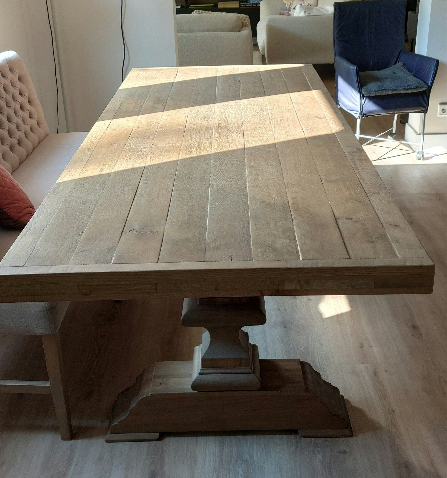 Mooie massief eiken kloostertafel 260x100x77 blad 7cm dik, Huis en Inrichting, Ophalen, Eikenhout, 200 cm of meer, 50 tot 100 cm