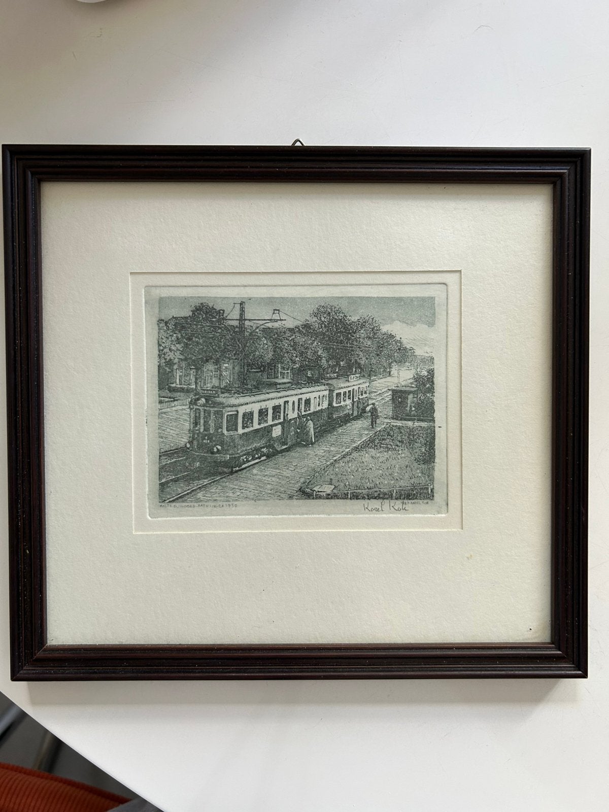 Ets Blauwe Tram Karel Kok Katwijk, Antiek en Kunst, Ophalen of Verzenden, 22 cm, 24 cm, Ets
