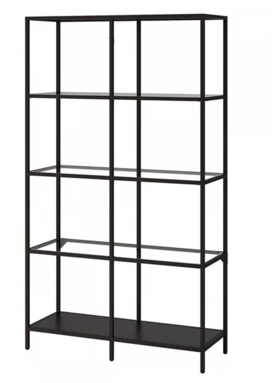 Stijlvolle zwarte metalen open kast met glazen planken, Ophalen, Met plank(en), 50 tot 100 cm, Zo goed als nieuw